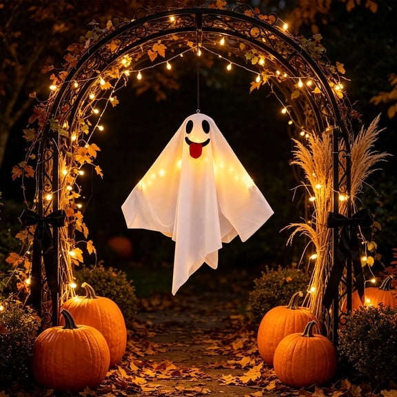 Battery Operated Light Up Ghost Hanging Decor For Halloween Porch Window Entryway Warm White LED Eye Style