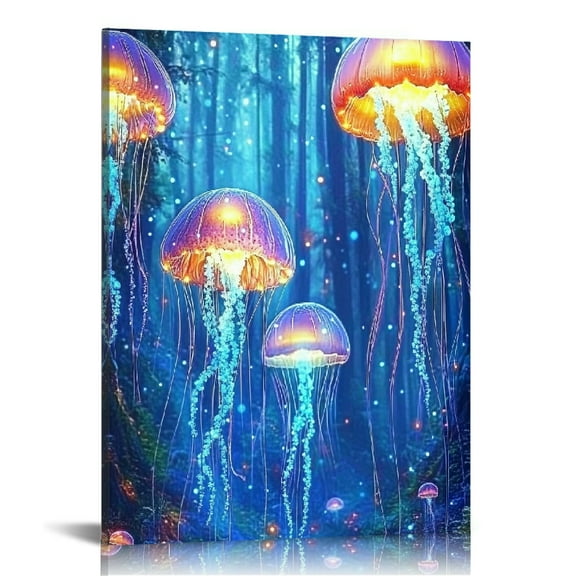 Autua Jellyfish Bioluminescence Forest Canvas Wall Art Decor 12x16 in