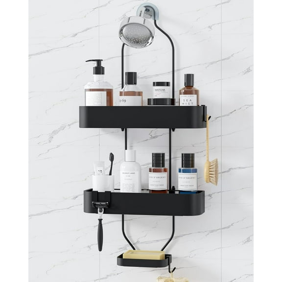 GUCADS-Shower Caddy Hanging - No-Drill Bathroom Organizers and Storage, Wobble-Free Bathroom Shelves with Adhesive Tapes, Rust-Proof Shower Storage for Toiletries, Black, 25.0" H