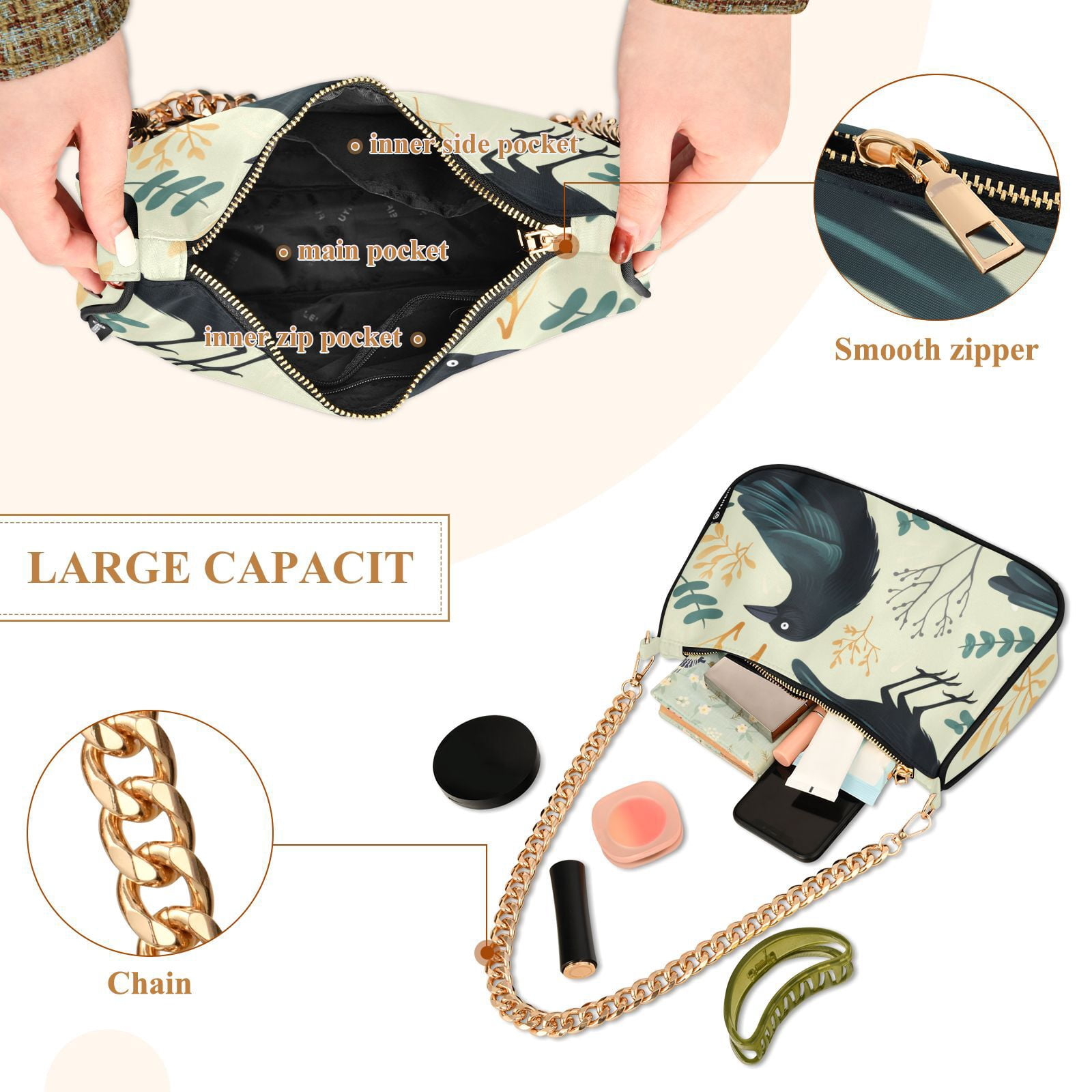Crows LeavesWomen Small Shoulder Bag Crossbody Tote Hobo Bags Purse Clutch Handbags with Chain Strap for Women