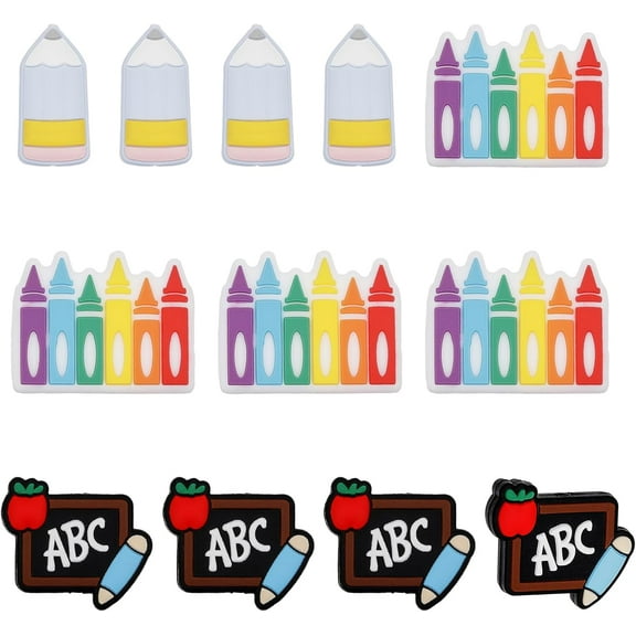 12Pcs 3Styles Teacher Chalkboard Shapes Silicone Beads Pen Beads Silicone Loose Spacer Beads for DIY Necklace Bracelet Earrings Keychain Crafts Jewelry Making