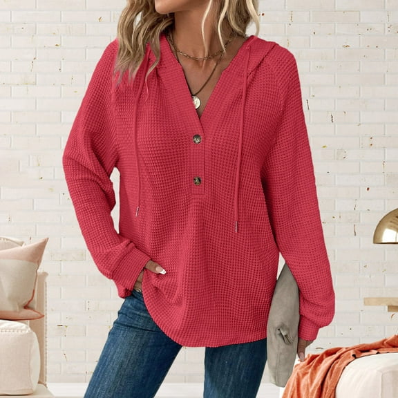 ClodeEU Hoodies for Women ,Waffle Knit Long Sleeve Drawstring Button V Neck Sweatshirt ,Casual Pullover Hooded Tops Red,Womens Plus XL
