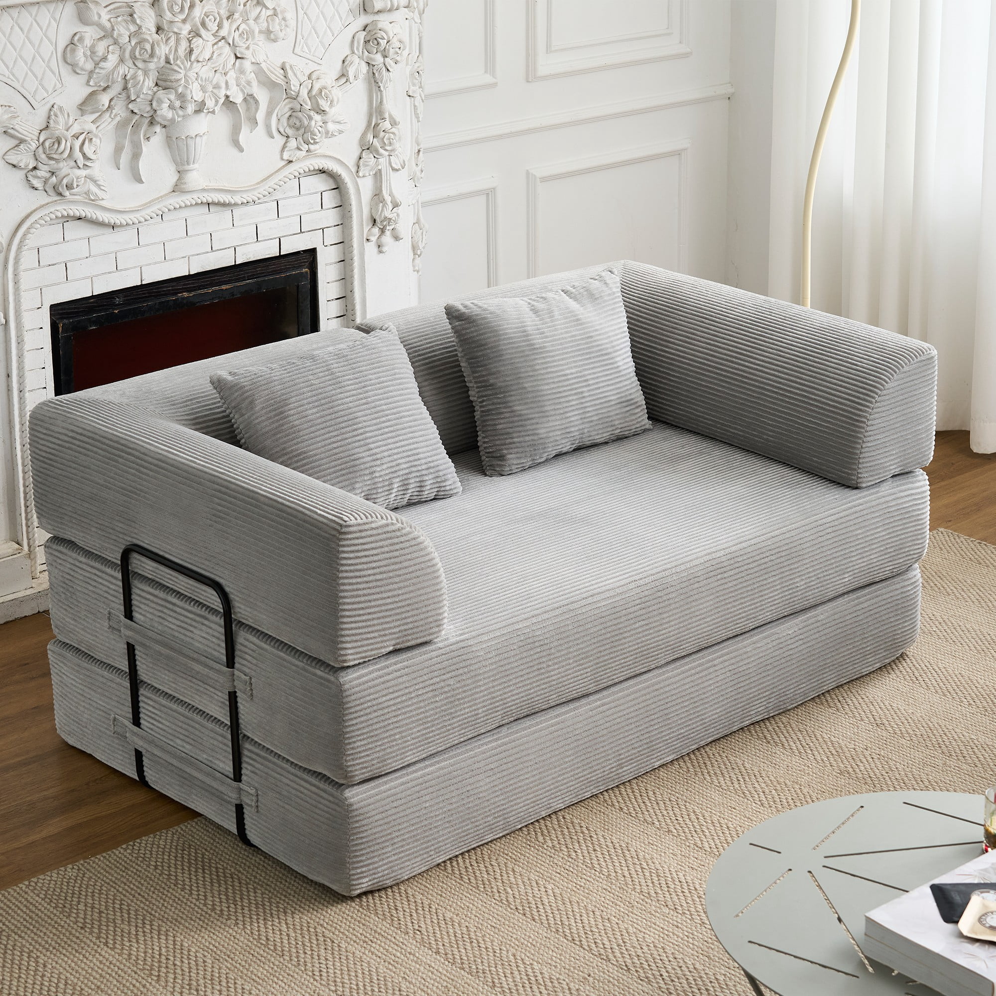 BSHTI 59" Corduroy Convertible Sleeper Sofa Bed with Cylindrical Pillow, No Assembly, Small Space for Living Room（Light Gray）
