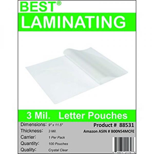 Best Laminating 3 mil 9" x 11.5" 500 Pouches Letter Thermal Pouches Clear 