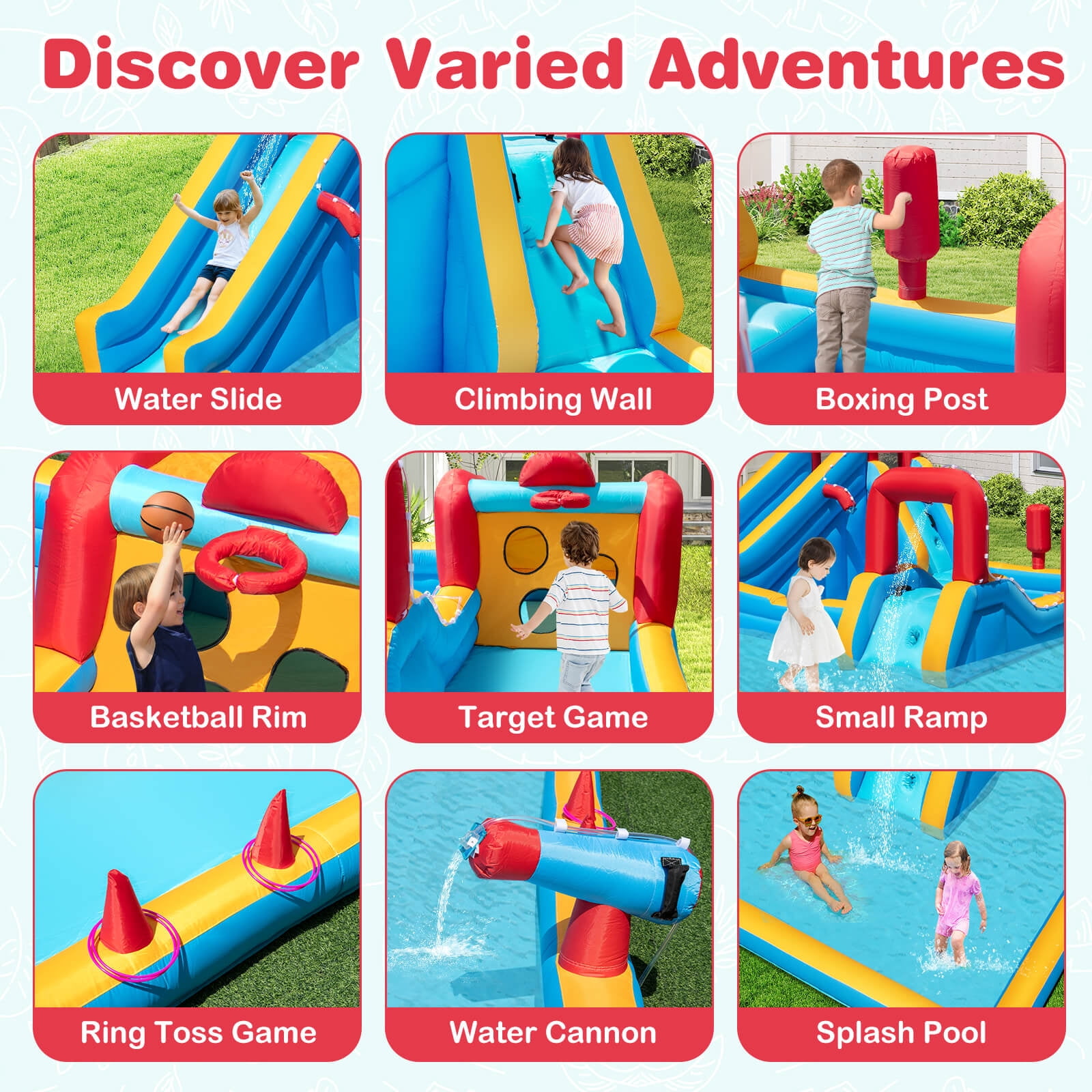 Costway Inflatable Water Park with Climbing Wall Boxing Post Basketball Rim 750W Blower