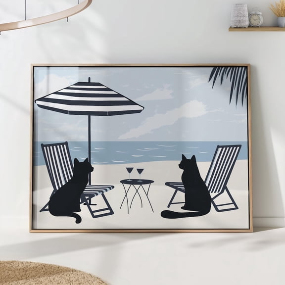 Black Cats Beach Print, Minimalist Cat Decor, Coastal Wall Art, Seaside Cat Poster Wall Art, Modern Wall Decor, 8x12 UNFRAMED