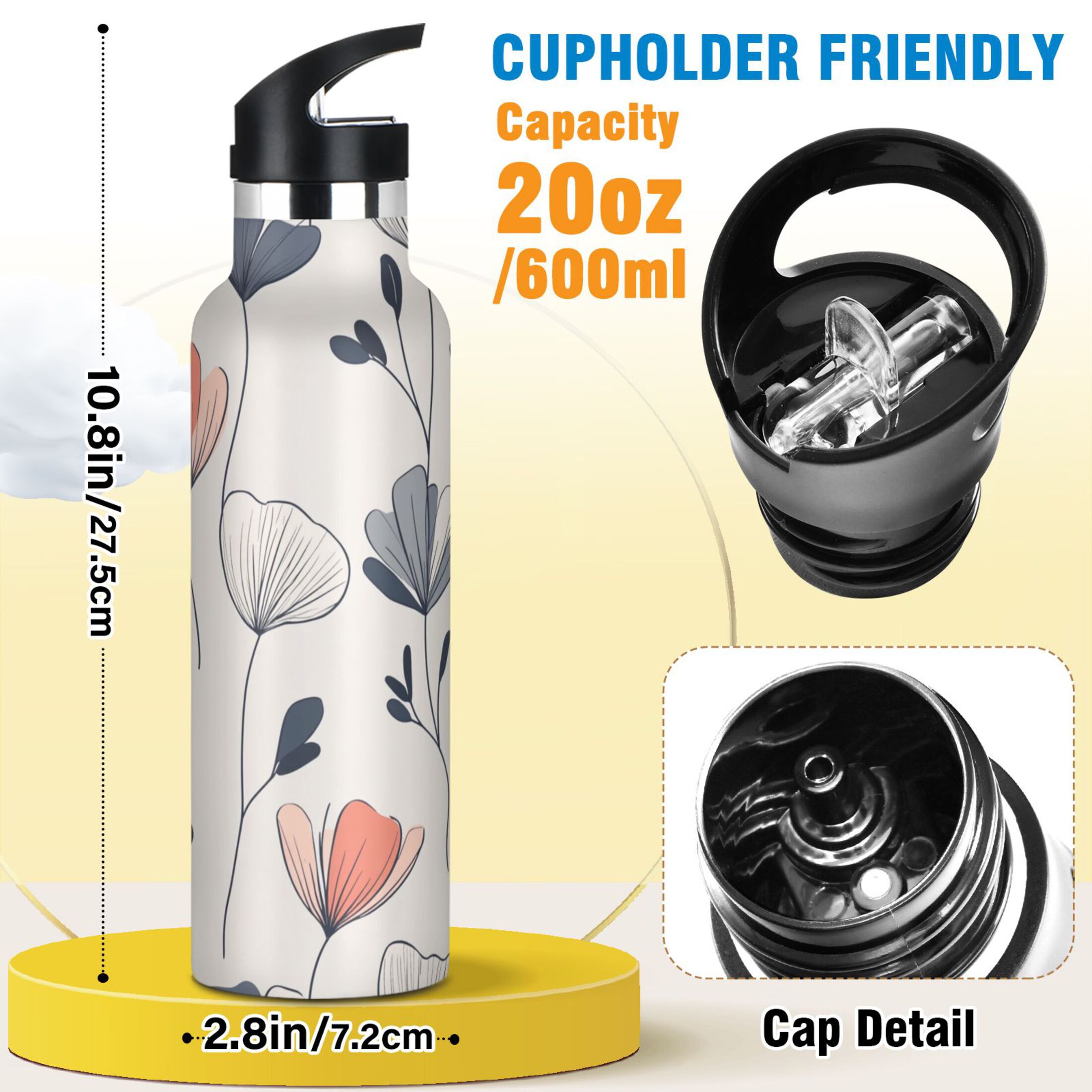 Kids Insulated Stainless Steel Sports Water Bottle 600ml (20oz) Elegant and Simple Flowers