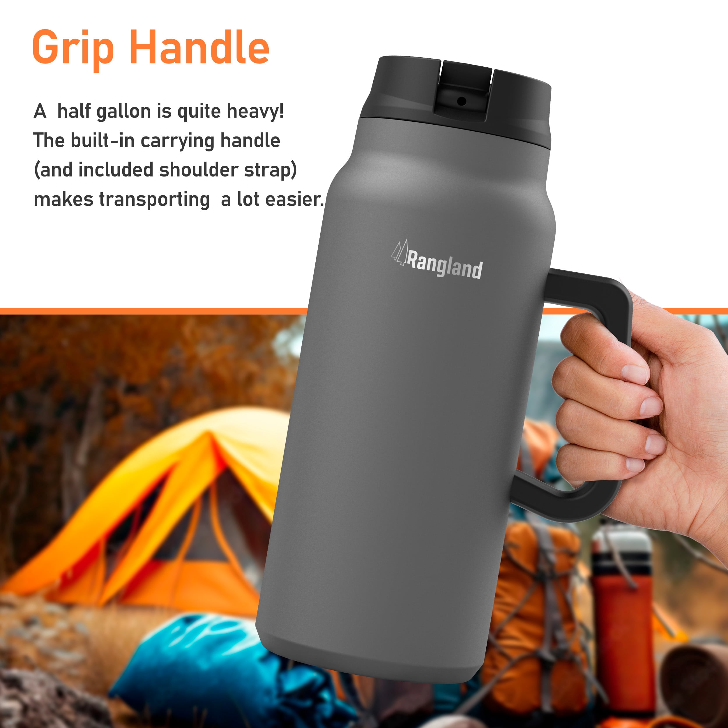 64 oz Tumbler with Handle and Straw Lid, Insulated Half Gallon Water Bottle Cup for Hot/Iced Drinks (Neoprene Carrying Strap Bag Included) Charcoal Grey