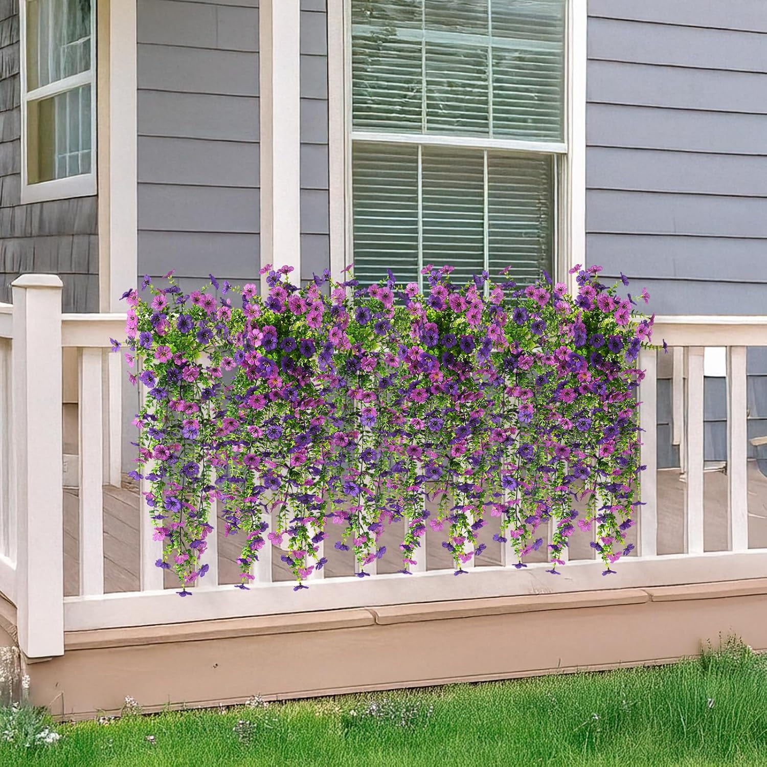 Artificial Hanging Flowers for Outdoors, 2 Pcs Fake Hanging Plant Spring Summer Decor, UV Resistant No Fade Faux Silk Daisy Flower for Planter Front Door Porch Patio Yard Garden(Double Purple)