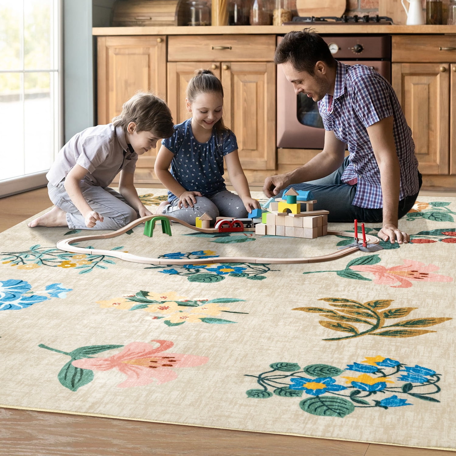 Wellber Area Rug Soft Vintage Floral Rugs Non Slip Carpet for Bedroom Living Room Home Deocr,4'x6',Beige