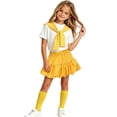 thumbnail image 5 of BRGZLK Back to School Outfits for Girls Summer Cute Solid Color Crewneck Short Sleeve T-Shirt and Paperbag Skirt & Plain Shawl & Socks Comfortable Breathable 4 Piece Sets Yellow 5-6 Years, 5 of 6