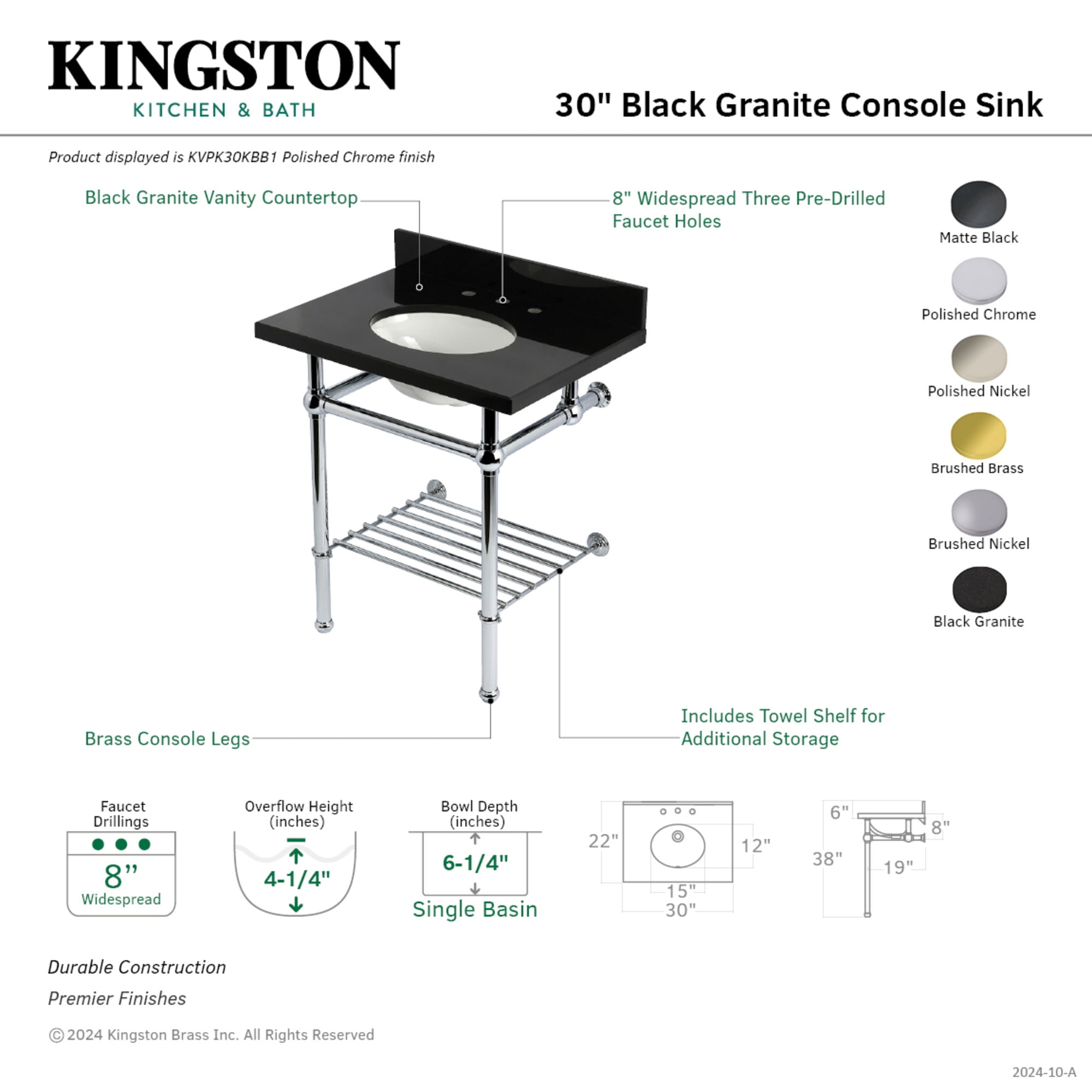 Kingston Brass KVPK30KBB1 Templeton 30-Inch Black Granite Console Sink with Brass Legs and Shelf (8-Inch, 3-Hole) in Black Granite/Polished Chrome