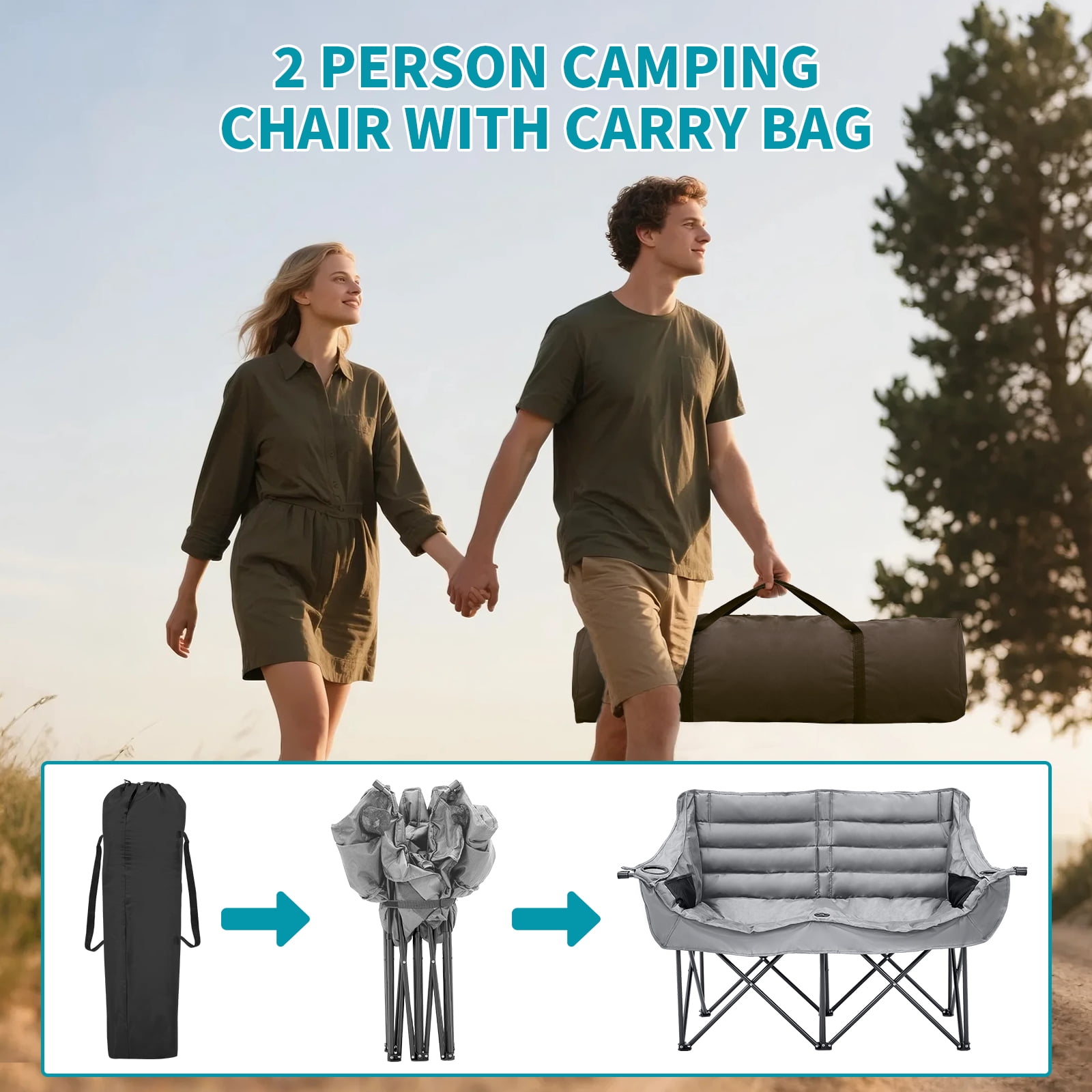 Slsy XXXL Oversized 2 Person Fully Padded Camping Chair, Folding Loveseat Camping Couch Double Camping Chairs Heavy Duty Portable Lawn Chair Patio Chair, Supports 990 LBS