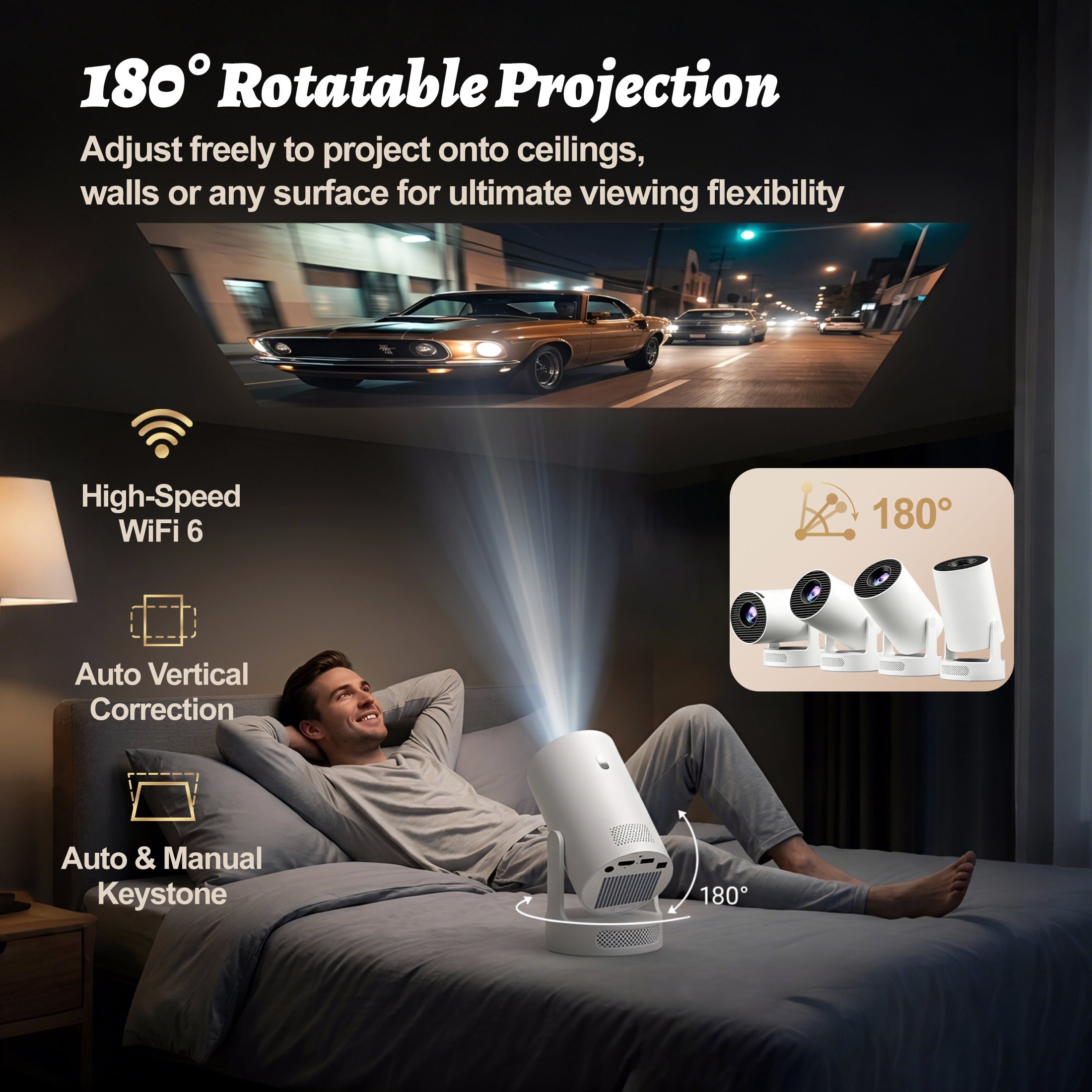 BDQ Mini Projector with WiFi & Bluetooth, 1080P Support (4K Input), Portable Smart Movie Projector for Bedroom & Outdoor, Small TV Projector for iPhone