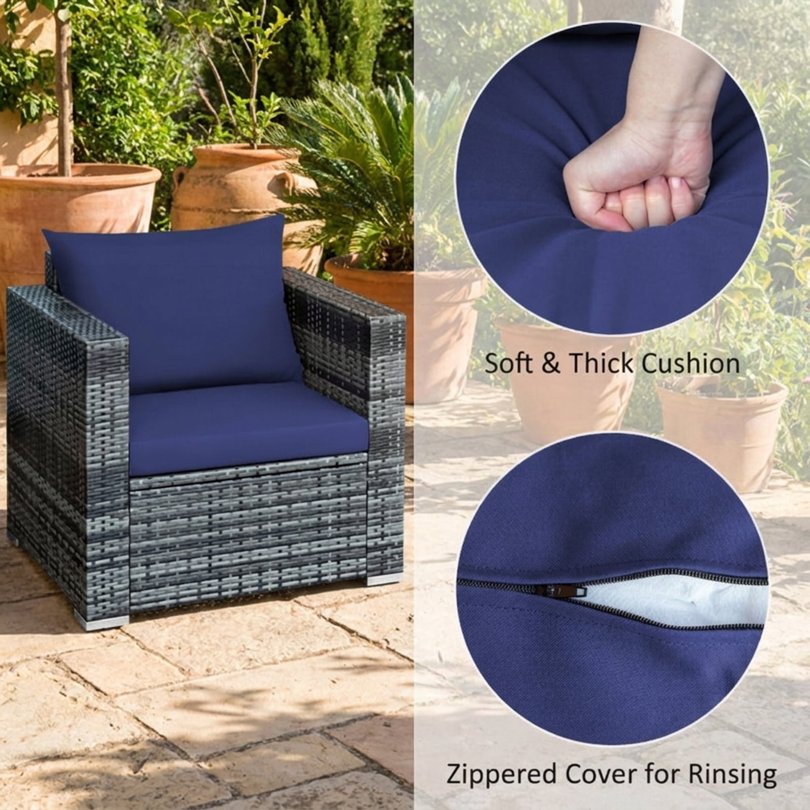 Biotree 3 Piece Patio Rattan Bistro Sofa Set outdoor conversation set with cushions and tempered glass coffee table for balcony garden and porch, Navy