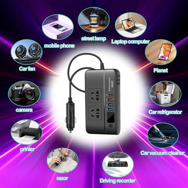 Xuewenshw 200W Car Power Device. Transforms 12V To 110V/220V AC. Has PD 18W USB C Two USB Ports QC3.0 Quick Charging LED Indicator And Car Socket Attachment. Comes In Black. Fanttik Screwdriver