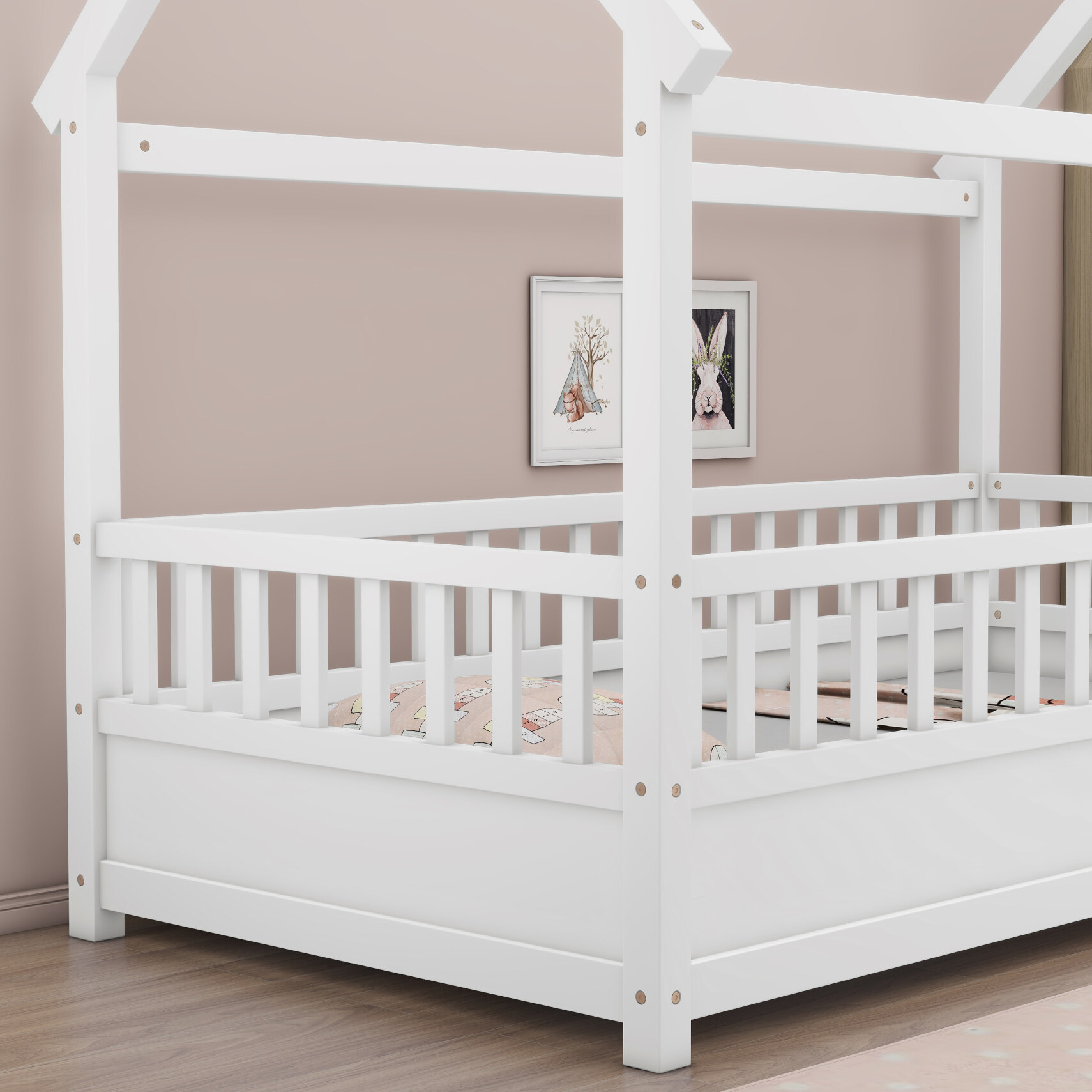 Montessori Twin Floor Bed with 20" Safety Rail & Wooden Roof, Enclosed Play Space for Boys & Girls, White