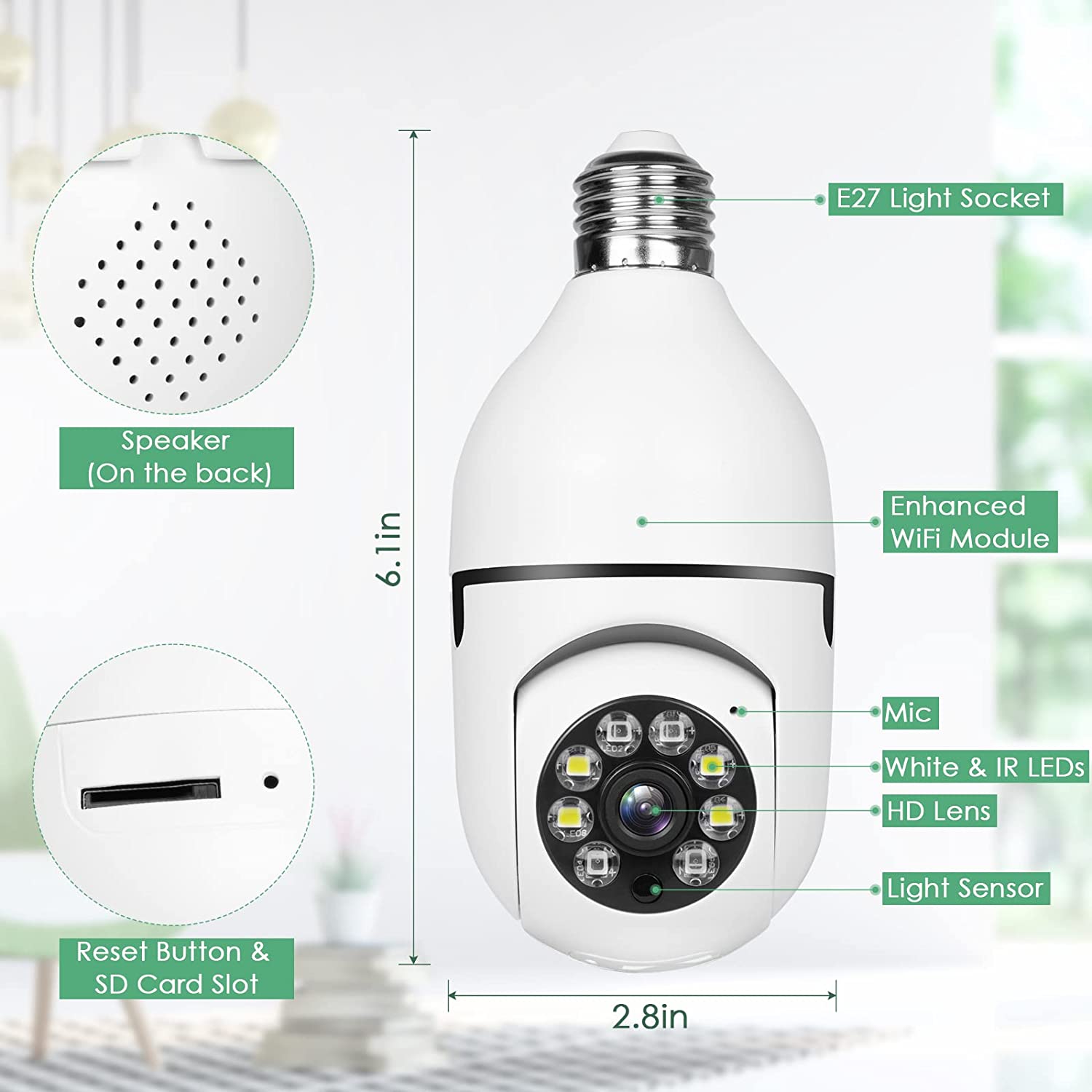 Light Bulb Camera 2.4GHz Wireless WiFi Security Camera 1080p, Light Socket Camera with Real-time Motion Detection,WiFi Smart 360° Surveillance Camera for Indoor and Outdoor,Night Vision