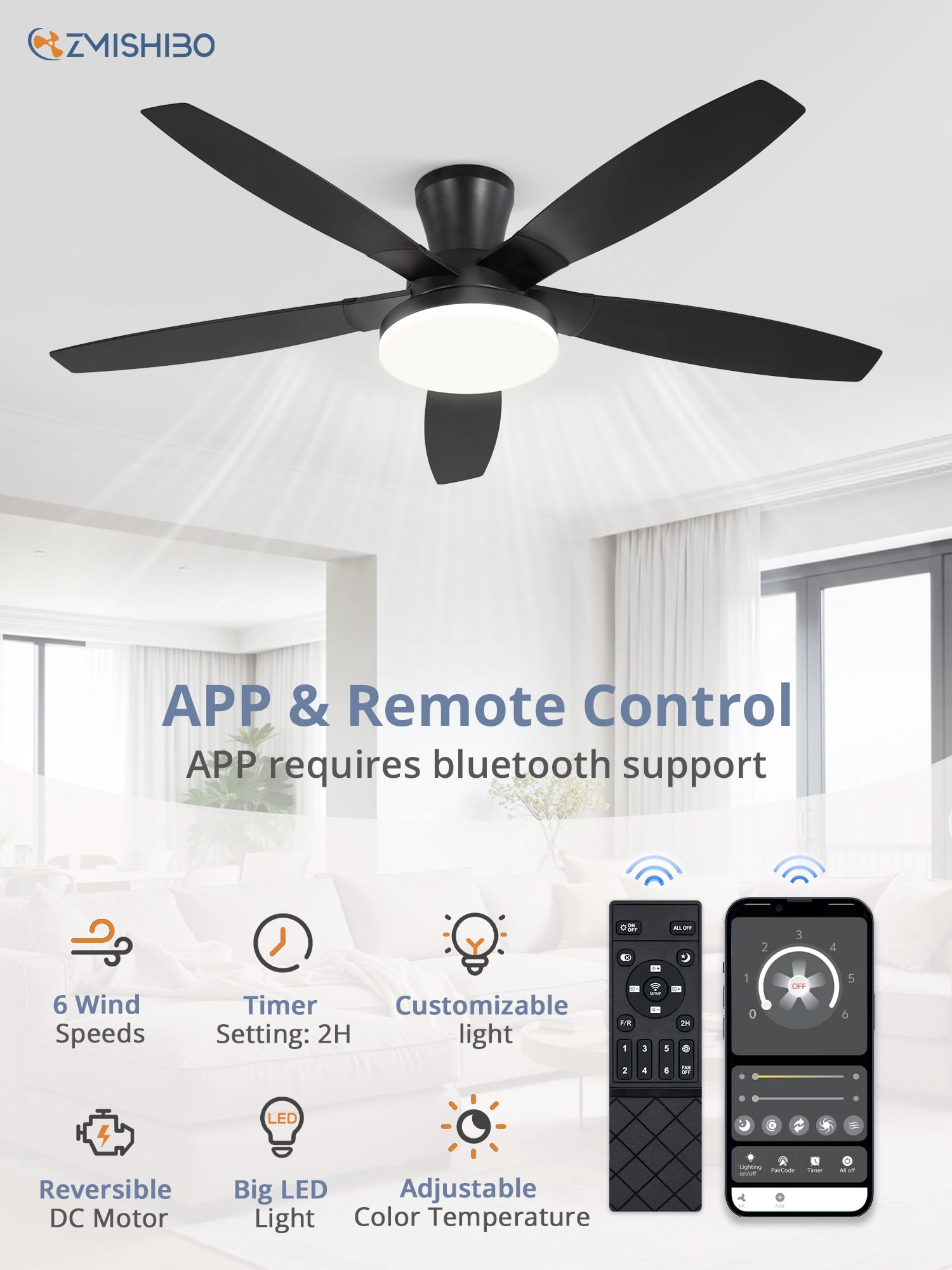 Zardon 52in Ceiling Fans with Light and Remote Control, Flush Mount Ceiling Fans with Reversible 6 Speeds, for Indoor, Outdoor, Black