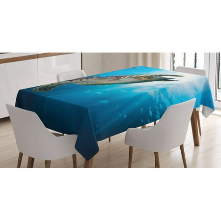 

Turtle Tablecloth Hawksbill Sea Turtle Dive Deep Into the Blue Ocean Against Sun Rays Rectangular Table Cover for Dining Room Kitchen 60 X 90 Inches Yellow Brown Aqua Blue by Ambesonne