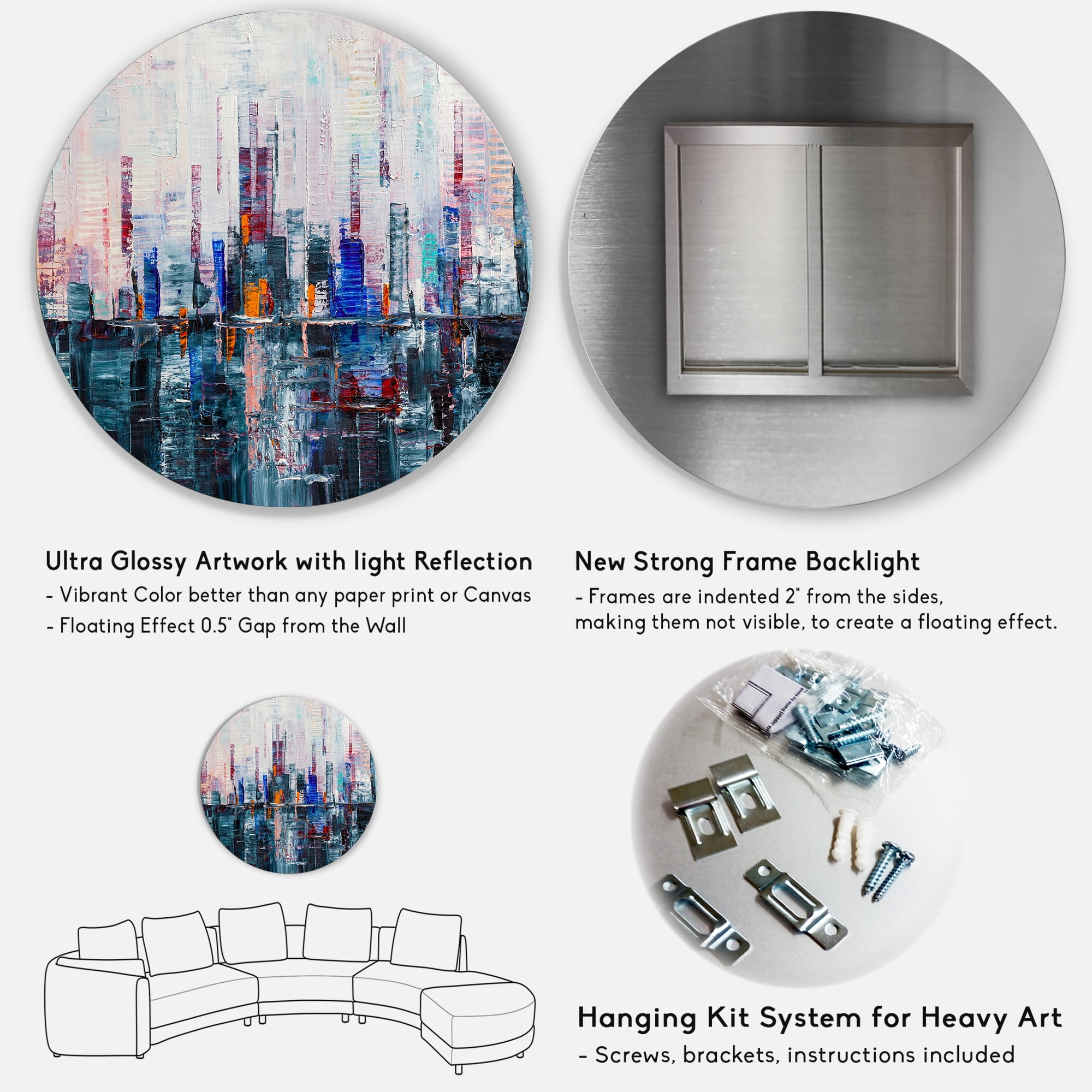 Designart 'Modern Abstract City Skyscrapers' Modern Circle Metal Wall Art 11x11 - Disc of 11