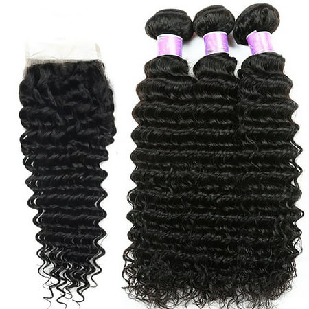 Beroyal Deep Wave Human Hair Bundles with Closure Brazilian Hair Weave with Closure Hair Extensions, 14