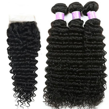 Deep Wave Hair Weave - Beroyal Deep Wave Human Hair Bundles with Closure Brazilian Hair Weave with Closure Hair Extensions, 14