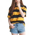 thumbnail image 2 of CNKOO T-Shirt à Col Rayé Jaune et Noir pour Femmes, Blouse Décontractée à Manches Mi-Longues, 2 of 5