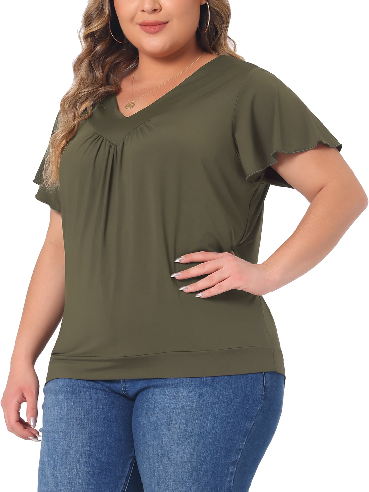 DARING DIVA Women's Plus V Neck Ruffle T Shirt Tee Tops 4X Green