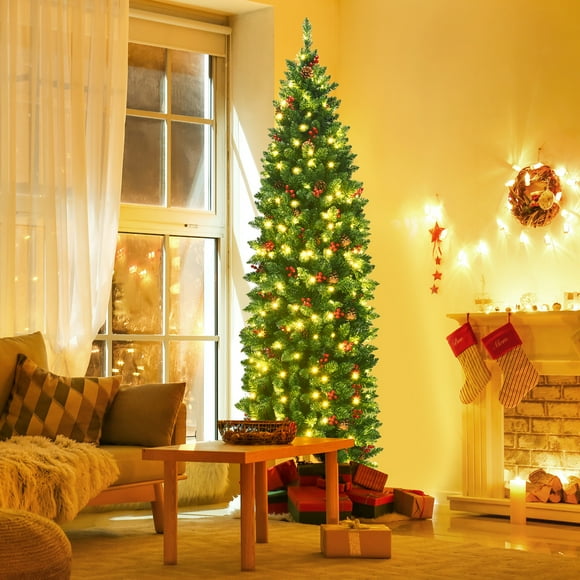 Gymax 6.5Ft Pre-Lit Pencil Christmas Tree Hinged Artificial Slim Tree w/ LED Lights