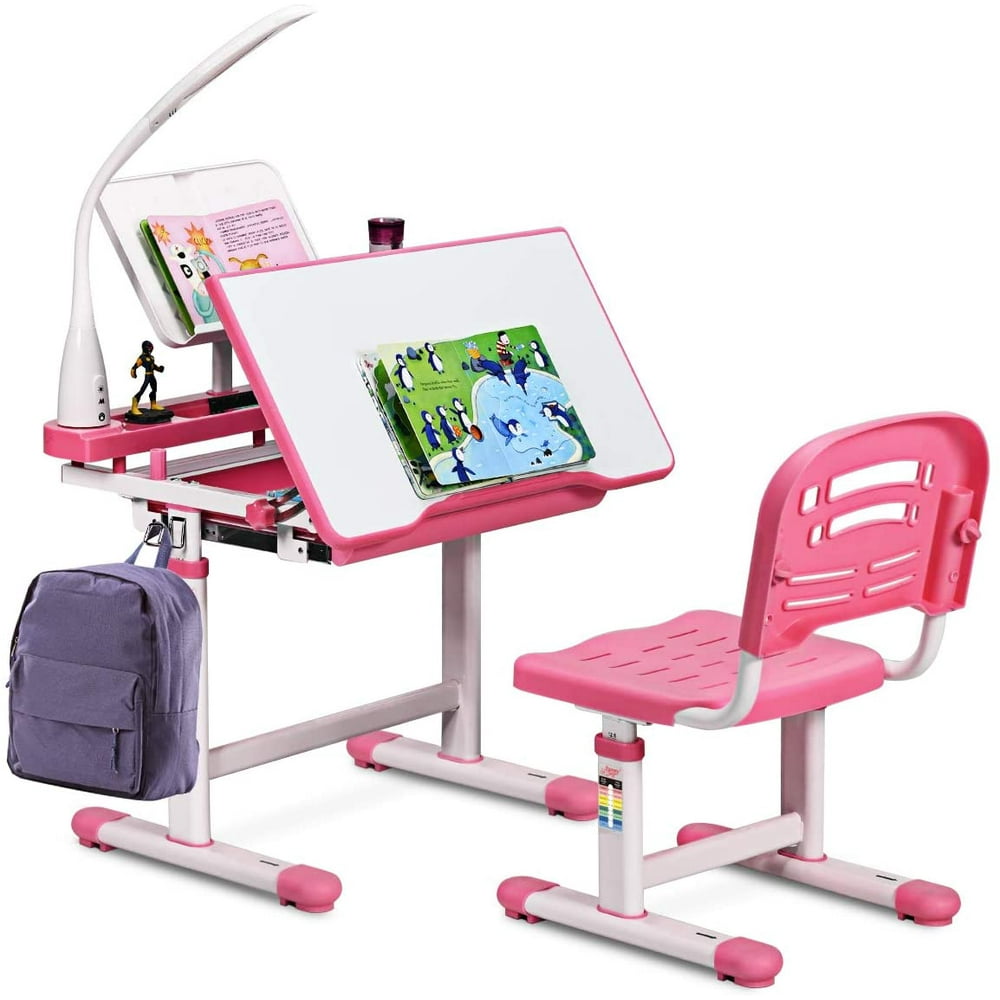 Height Adjustable Kids Desk With Chair, Book Stand, Drawers & LED Lamp