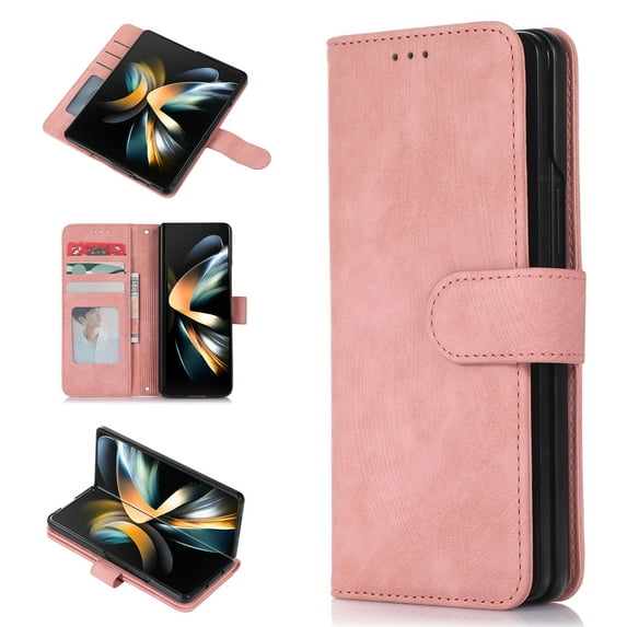 SaniMore for Samsung Galaxy Z Fold 4 7.6" 2022 Case, PU Leather Flip Fold Wallet Cover, Detachable Wrist Strap, Card Slots Cash Pocket, Shockproof Full Protective Shell, Rosegold