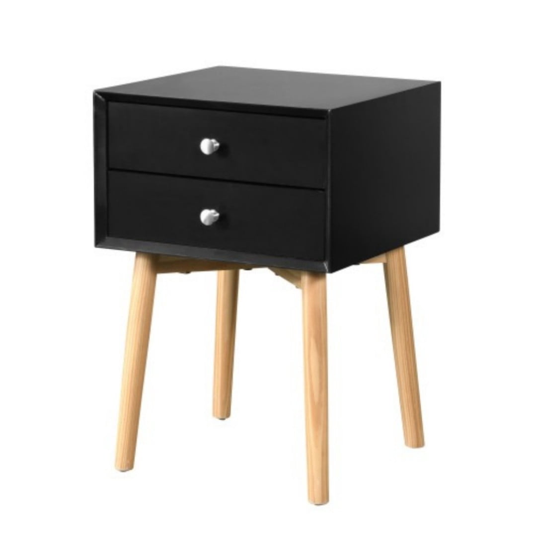 Side Table with 2 Drawers, Mid-Century Modern Nightstand with Rubber Wood Legs, Small Storage Cabinet for Bedroom Living Room, Black