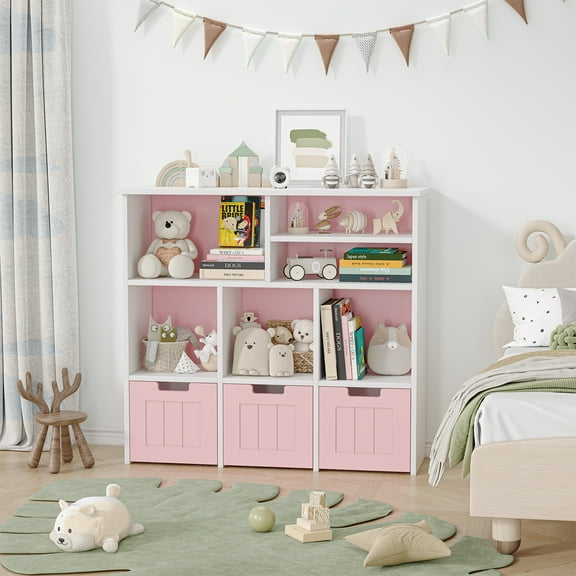 Kids Bookcase Toy Storage, Organizer Kids Bookcase with 3 Movable Drawers , Toy Storage Cabinet with Hidden Wheels ,Toy Storage Cabinet for Bedroom, Playroom, Nursery, Pink