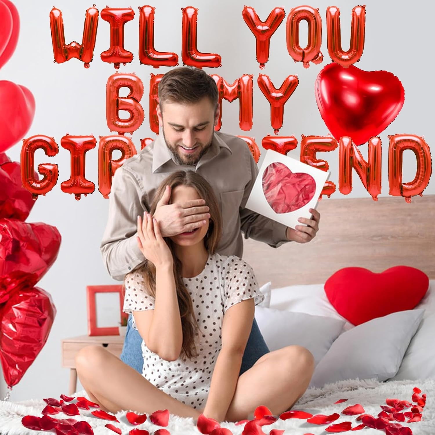 Boriyuan Will You Be My Girlfriend Balloons Set - 16'' Balloon Letters, 18'' Heart Shaped Balloons with 500 Pcs Artificial Rose Petals for Valentine Day Wedding Party Romantic Decorations (Red)