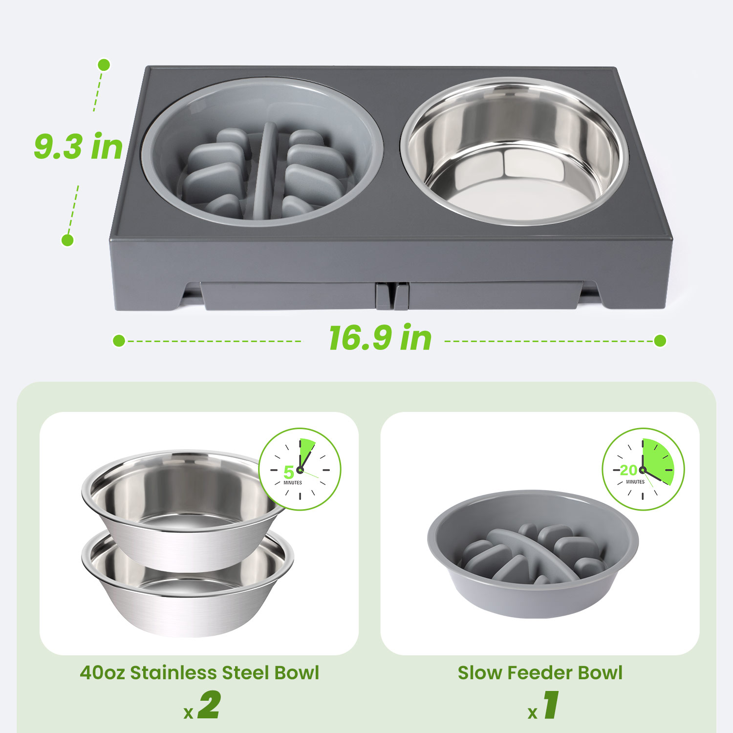 Elevated Dog Bowls Stand with 2 Stainless Steel Bowls & 1 Slow Feeder Adjusts to 5 Heights for Small Medium and Large Dogs(Gray)
