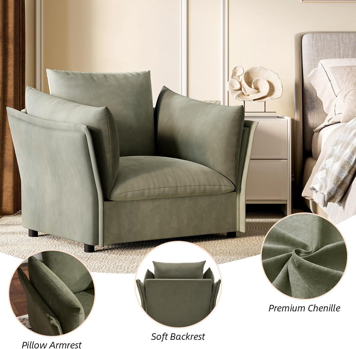AENKYO Oversized Accent Chair, Chenille Armchair, Single Sofa Lounge for Home, Office, Green