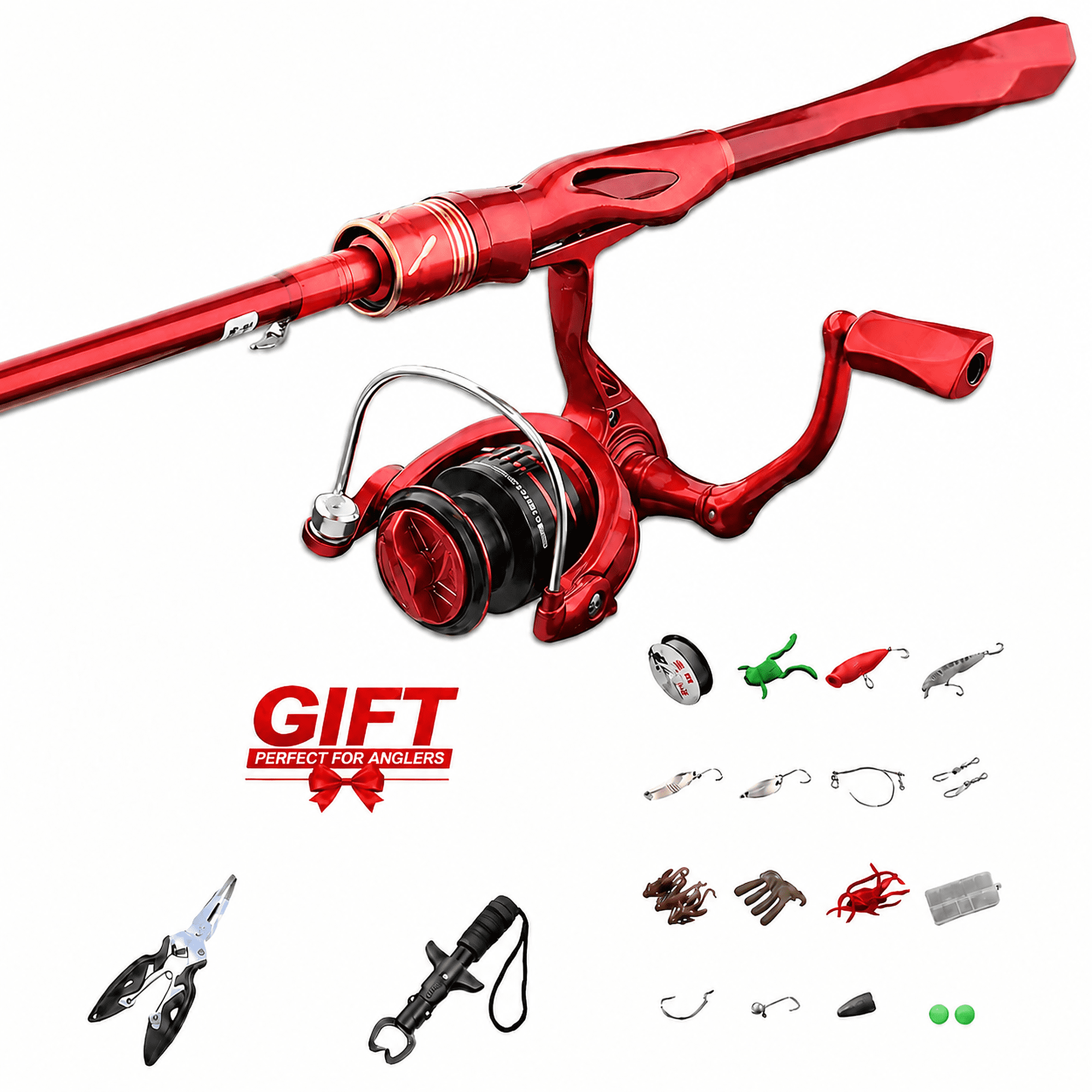 Dayjoy Red Carbon Composite Fishing Rod and Spinning Reel Combo with Accessories