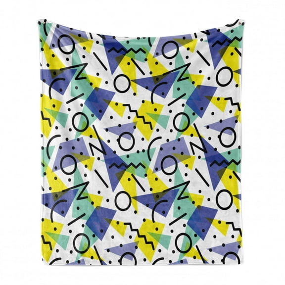 Modern Soft Flannel Fleece Throw Blanket, Geometrical Retro 80s Themed Image Lines Circles and Spots Print, Cozy Plush for Indoor and Outdoor Use, 50" x 60", Blue Yellow and Black, by Ambesonne