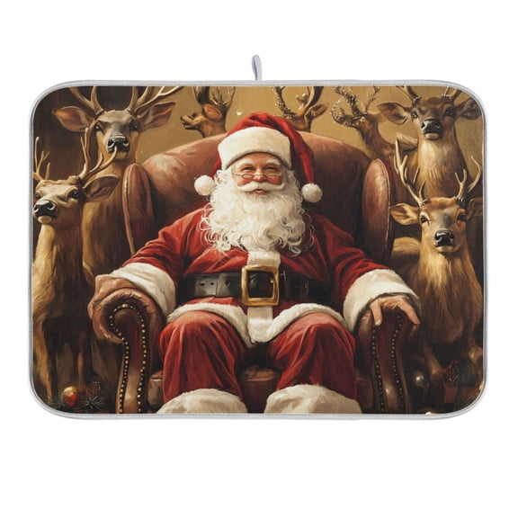 Christmas Santa Claus and Deers Dish Drying Mat 16x18 Absorbent Microfiber Draining Rack Pad for Kitchen Counter Sink