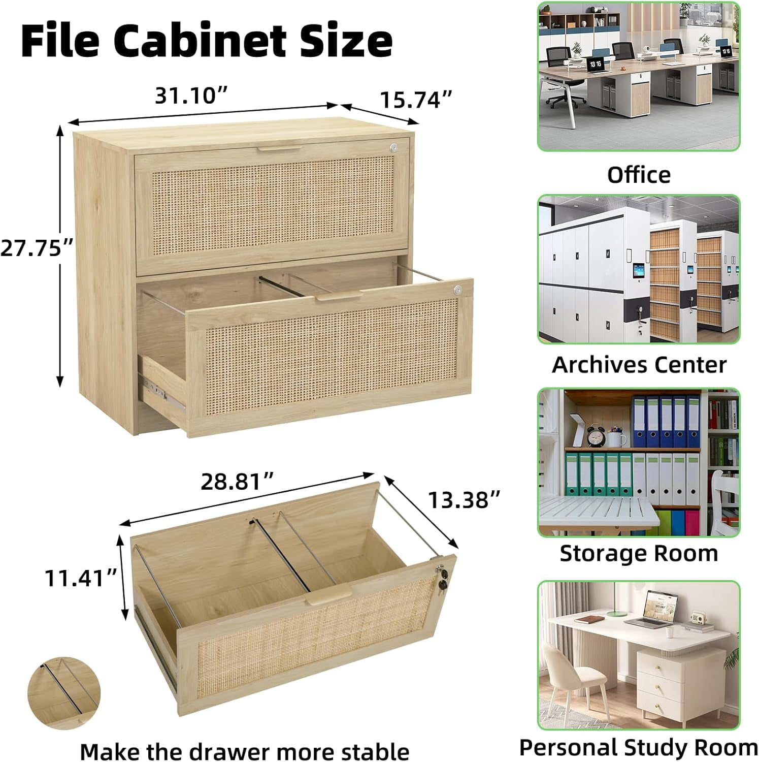 AODAILIHB File Storage Cabinet, Under Desk 2-Drawer File Cabinet, Locking Wooden Rattan File Cabinet