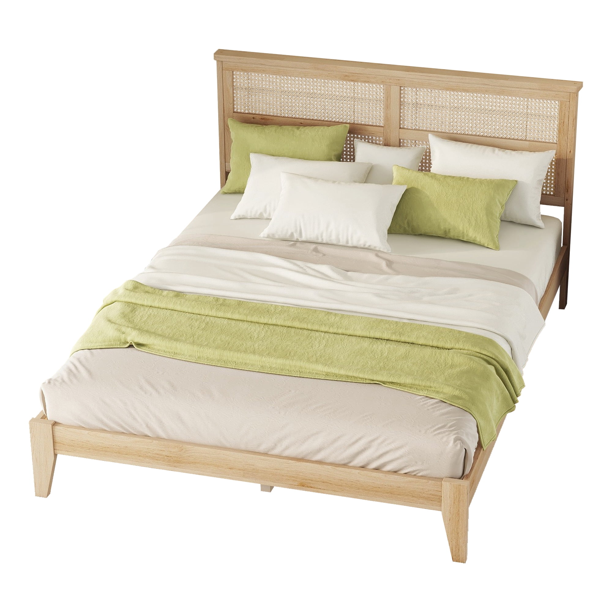 Aukfa Queen Size Bed Frame, Rubber Wooden Platform Bed with Rattan Headboard, Oak