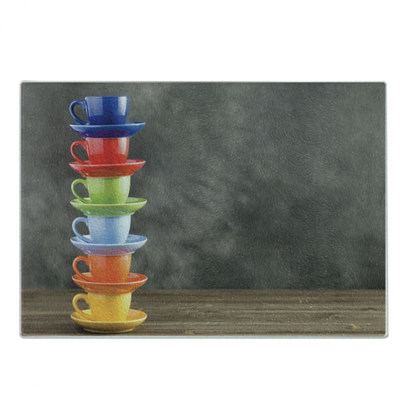 Espresso Grey Cutting Board, Stack of Colorful Cups on Wooden Table Photo with Smokey Background, Decorative Tempered Glass Cutting and Serving Board, in 3 Sizes, by Ambesonne