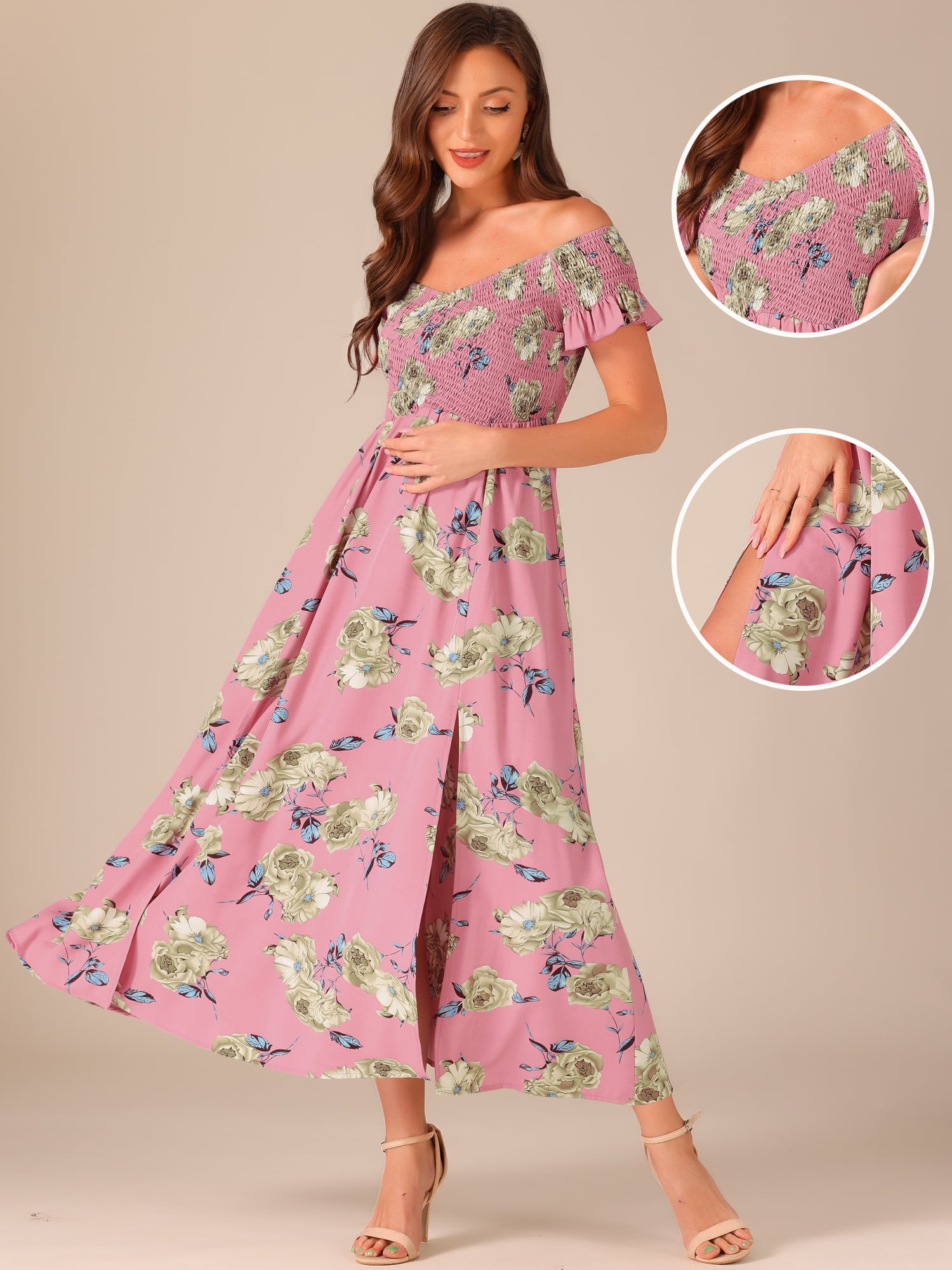 DARING DIVA Women's Floral Off Shoulder Beach Summer Midi Dresses S Pink