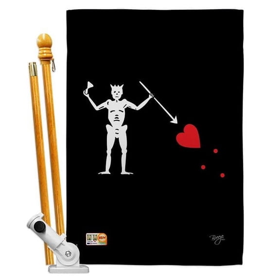 Breeze Decor BD-PI-HS-107034-IP-BO-D-US13-BD 28 x 40 in. Vertical Blackbeards Coastal Pirate Impressions Decorative Double Sided House Flag Set with Pole & Bracket Hardware
