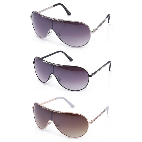 3 Packs Oversized One Piece Lens Metal Aviator Rhinestone Large Frame Fashion Sunglasses for Women