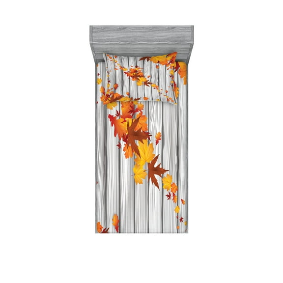 Ambesonne Autumn Fitted Sheet & Pillow Sham Set, Fall Maple Leafs Tree, Twin, Orange White