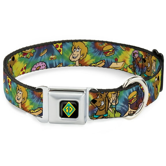 Scooby Doo Pet Collar, Dog Collar Metal Seatbelt Buckle, Scooby Doo and Shaggy Poses Munchies Tie Dye Multi Color, 9.5 to 13 Inches 1.0 Inch Wide
