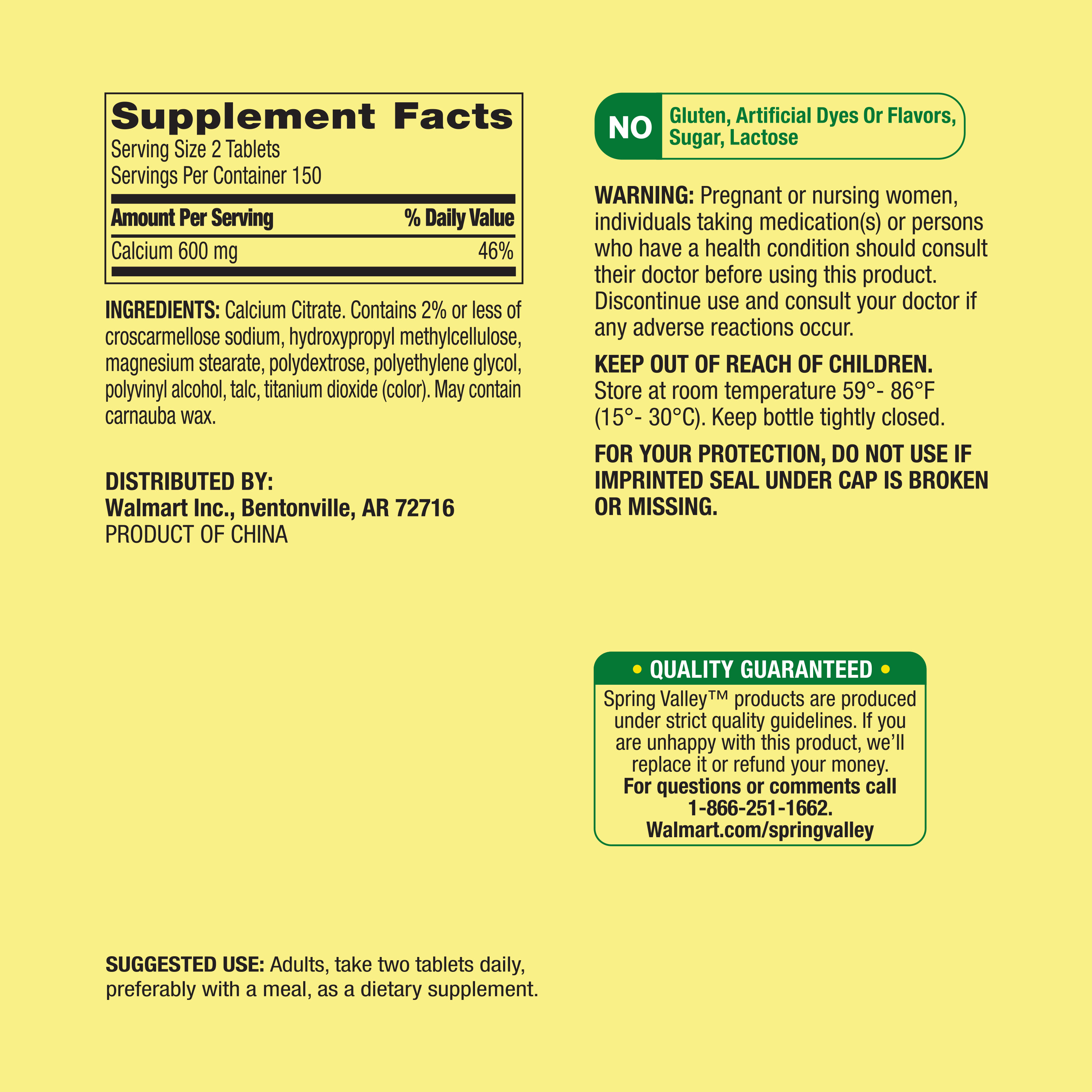 Spring Valley Calcium Citrate Tablets Dietary Supplement, 600 mg, 300 Count - image 3 of 8