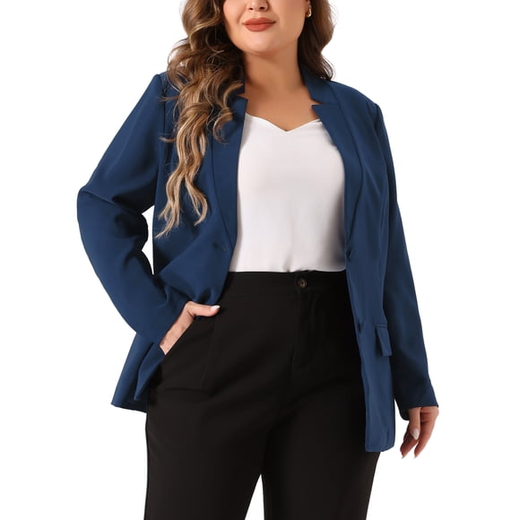 GRACE & GRANDEUR Plus Size Business Suit Blazer for Women Button Long Sleeve Office Work Blazer Jacket Navy Blue 4X